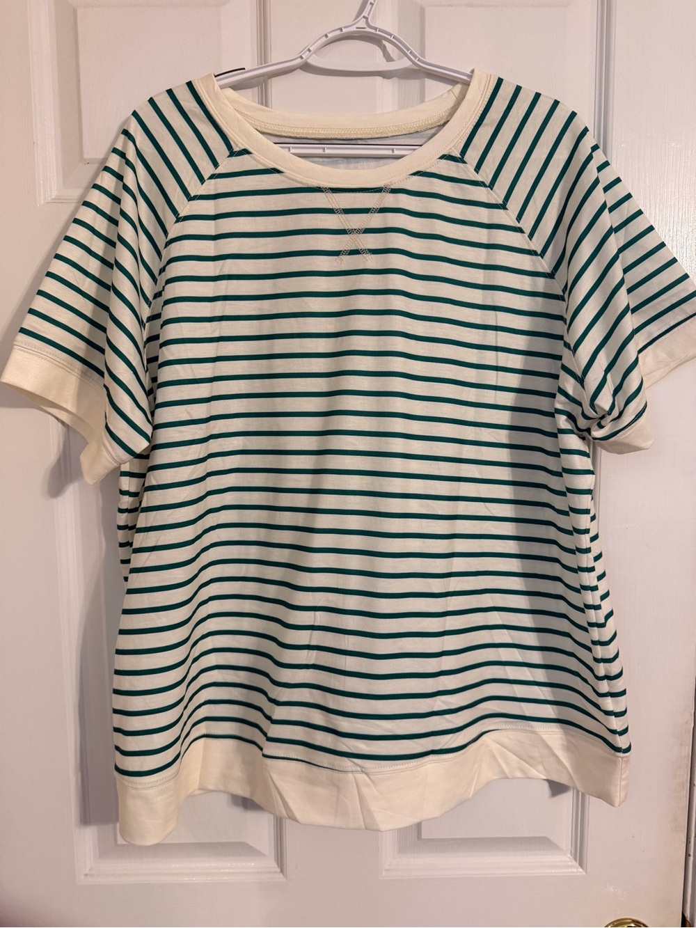 Cream and Green Striped Women’s Short Sleeve Short Set